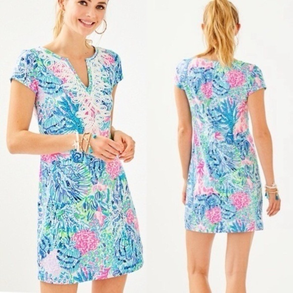 Lilly Pulitzer Pima Cotton Soutache Shift Dress Blue Pink Coral Print Small